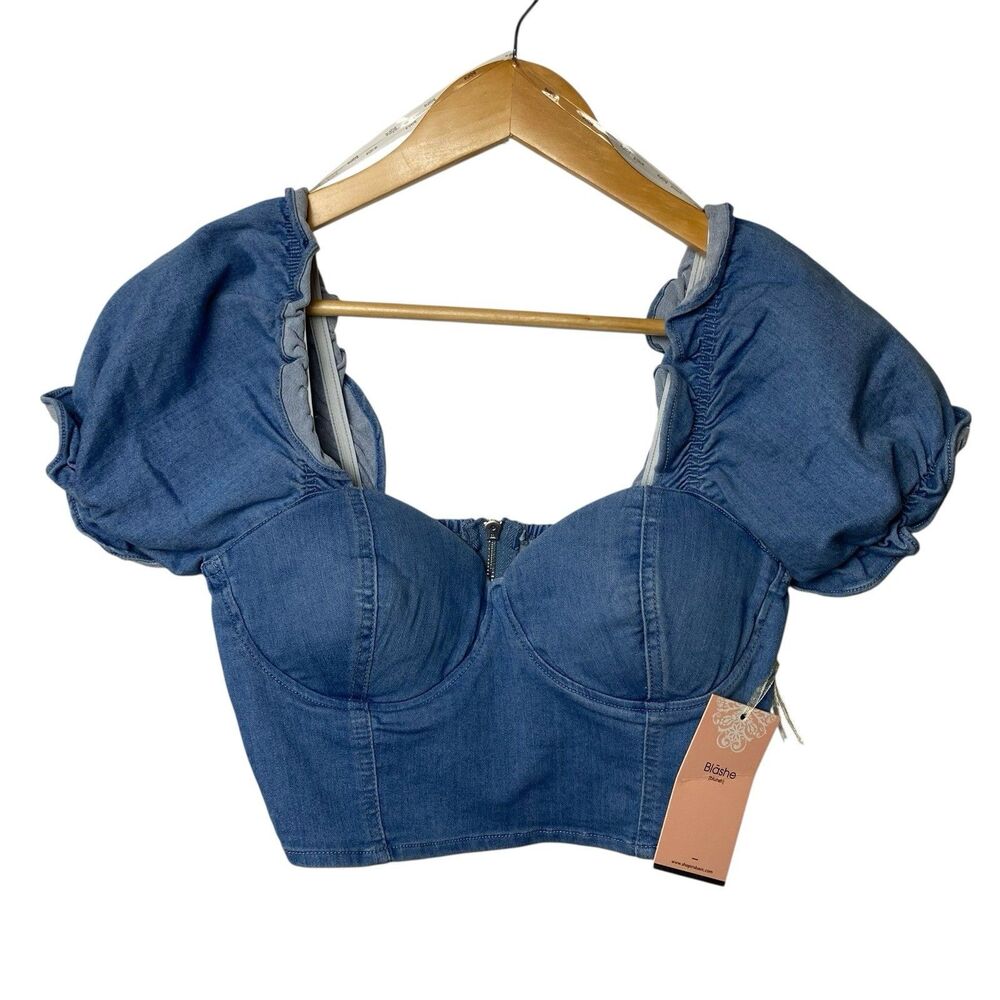 Blashe Women’s Denim Corset Crop Top L Blue Puff Sleeve Milkmaid Coquette NWT